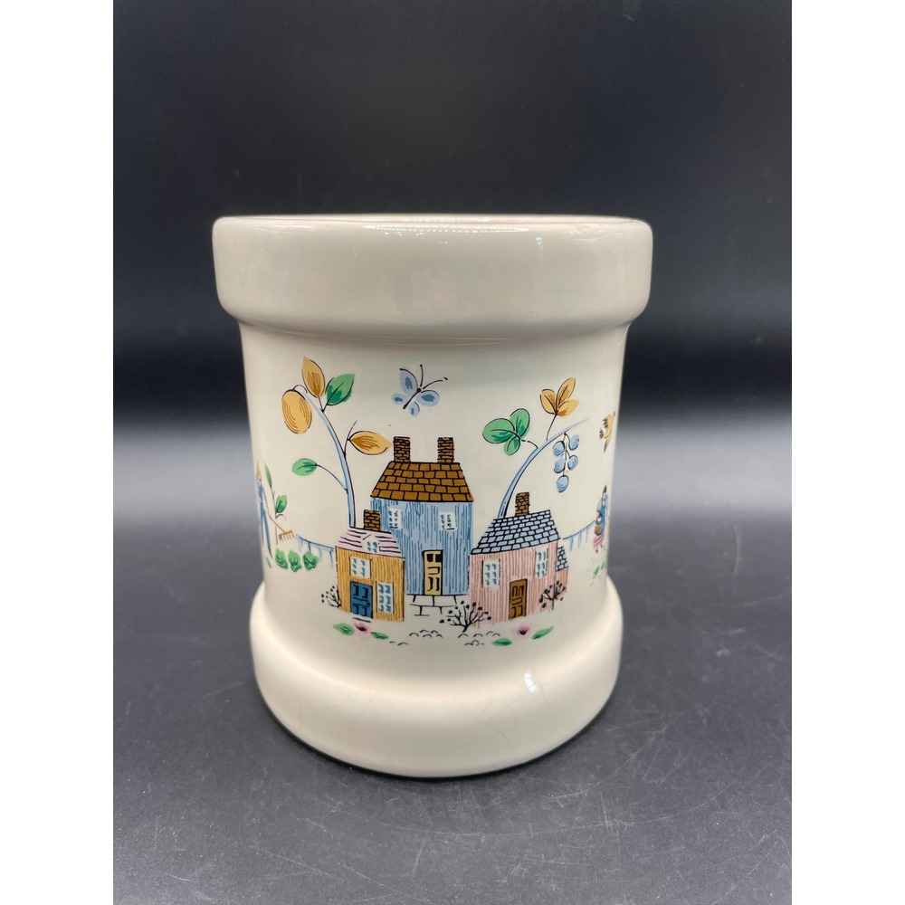 Vintage Folk Art Village Ceramic Crock Utensil Holder Cream Stoneware 6 Inch